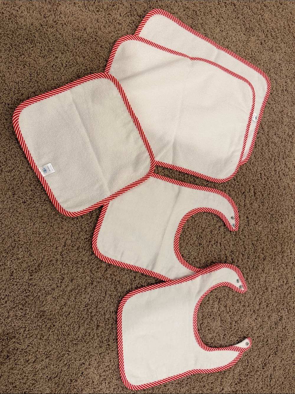 White Baby Bibs & Washcloth Set with Red and White striped trim